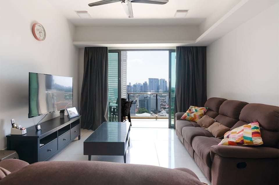 Living area and a balcony with amazing views.