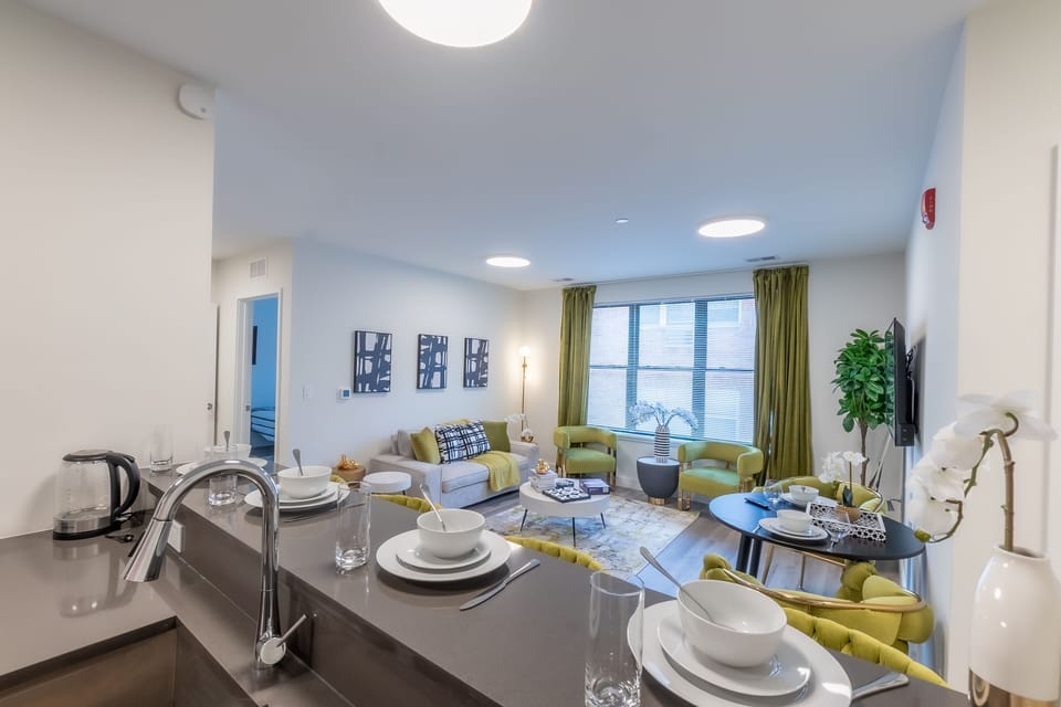 Ample counter, deep sink, stream and cook, plus in-unit dishwasher.