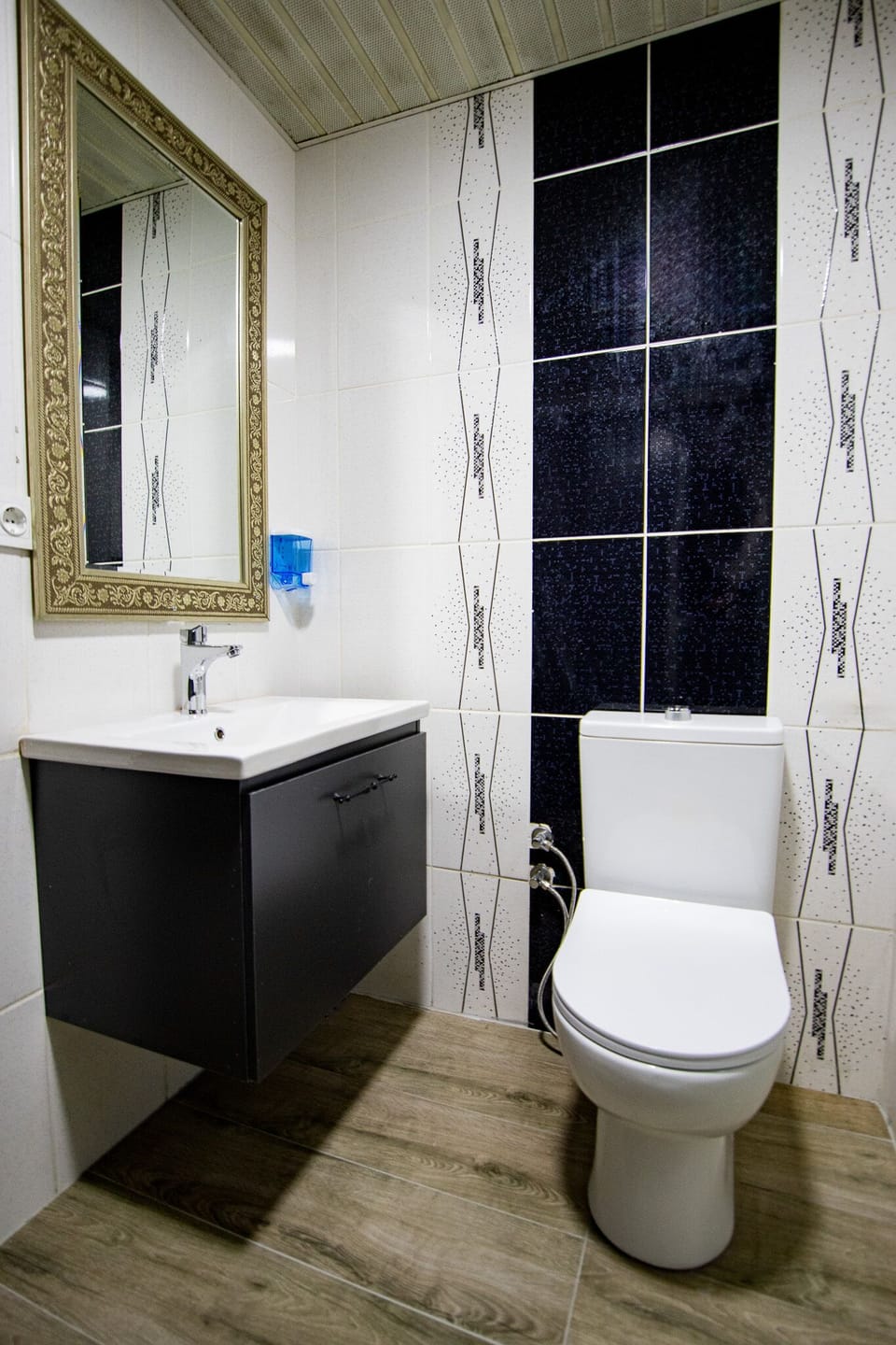 Shower, rainfall showerhead, hair dryer, slippers