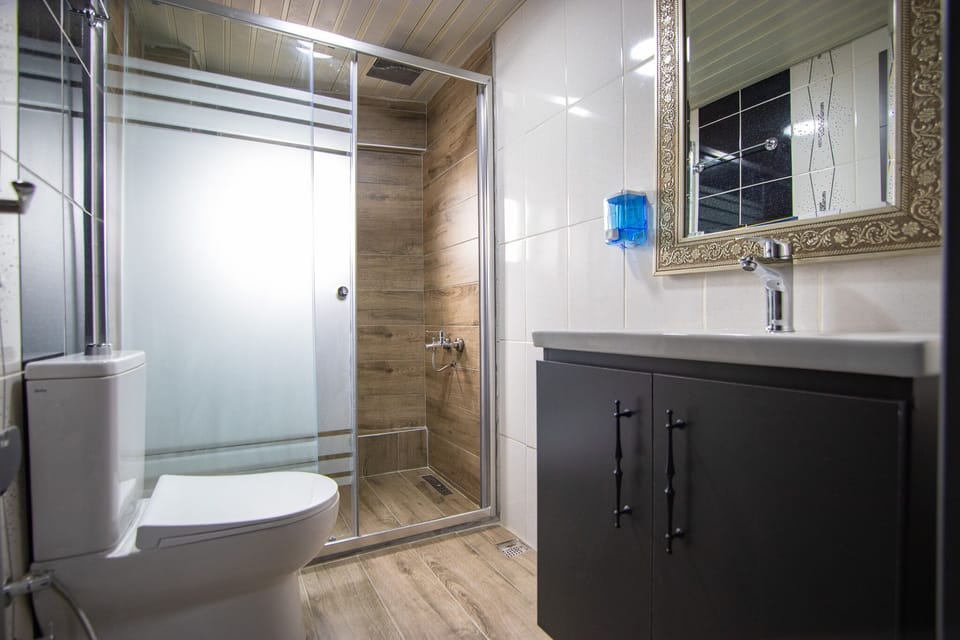 Shower, rainfall showerhead, hair dryer, slippers