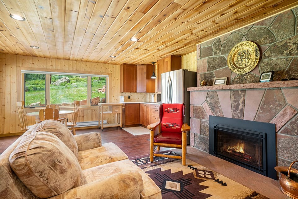 Frontier Mountain Retreat Estes Park, Living room with a fireplace.