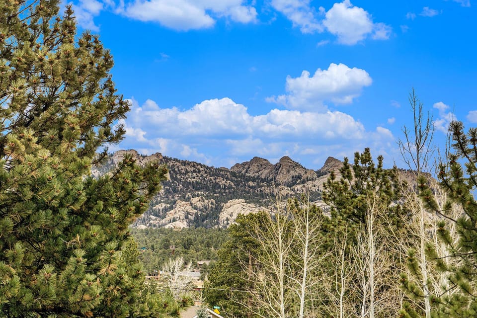 View of rocky hills in the distance, surrounded by pine trees and clear blue sky with scattered clouds.