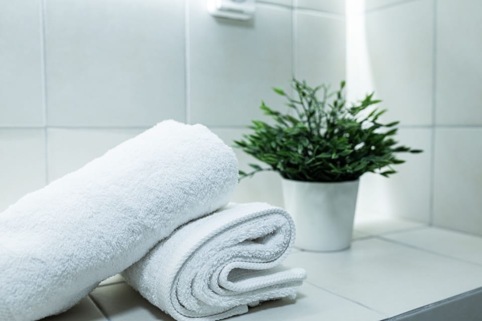 Design Apartment | Bathroom | Shower, rainfall showerhead, hair dryer, towels