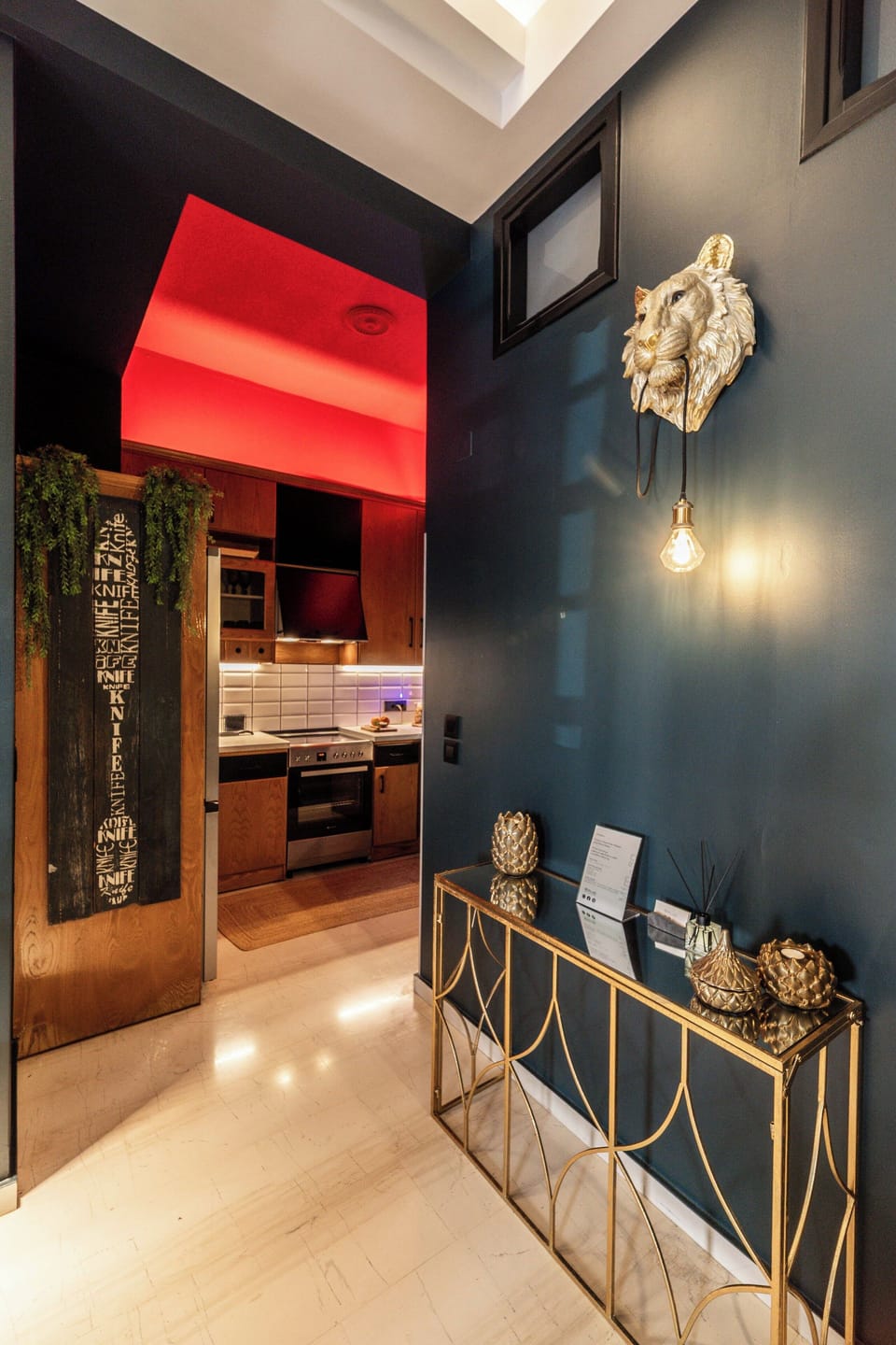 A warm, ambient hallway with artistic decor