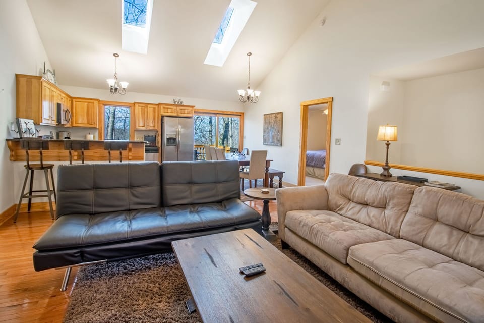 Living area includes lounge seating, television, and fireplace