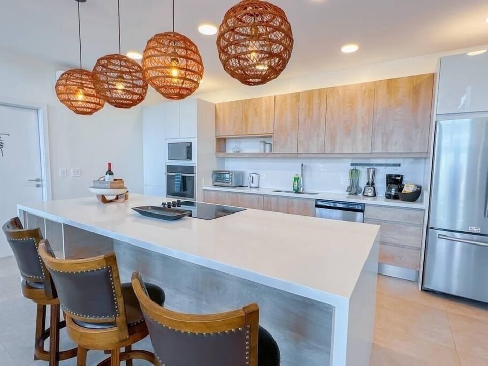 Premium Penthouse | Private kitchen | Full-size fridge, microwave, oven, stovetop