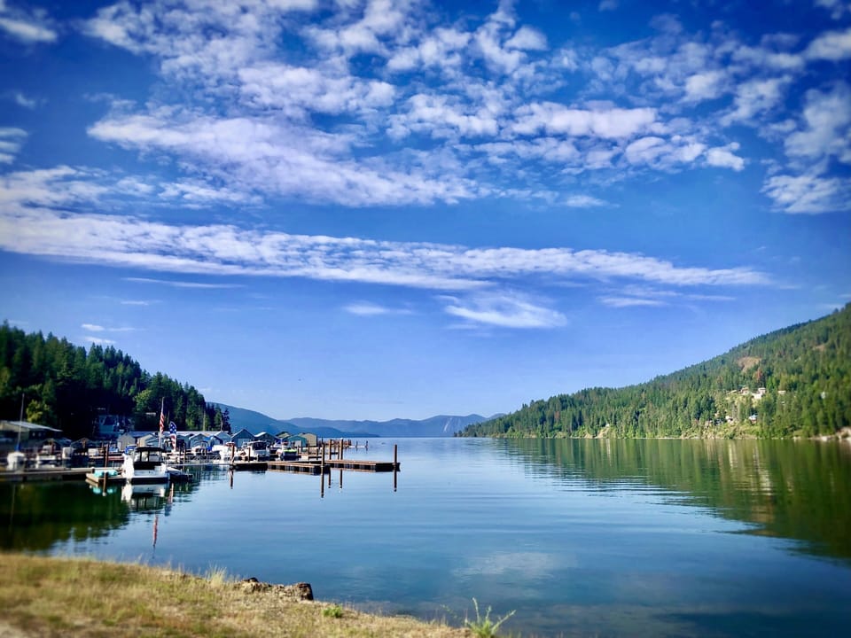 View to south with marinas on left.