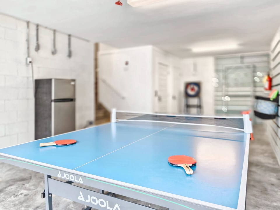 Folding ping-pong table in the garage