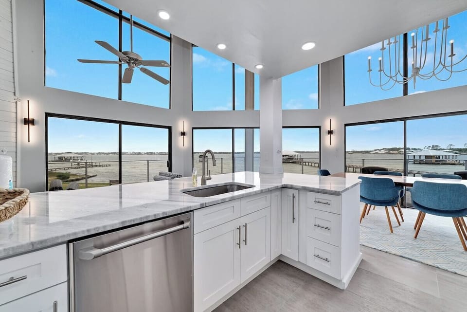 Large kitchen with granite countertops