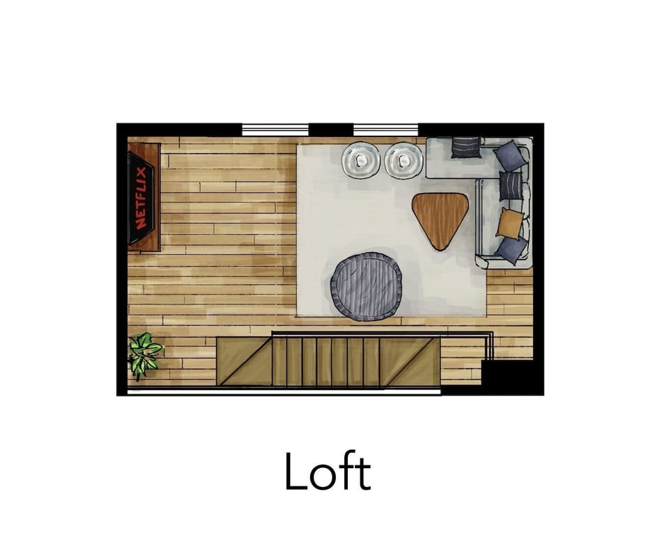 [Ridgeview Third Floor Loft] 85" TV w/Bose sound system for movie night. I call the bean bag chair!