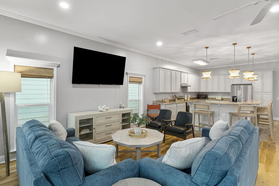 Roku TVs are provided in the living room and in each of the five bedrooms. YouTube TV provides live TV channels, while guests may log into their own streaming accounts. High speed WiFi is sufficient for any household needs.