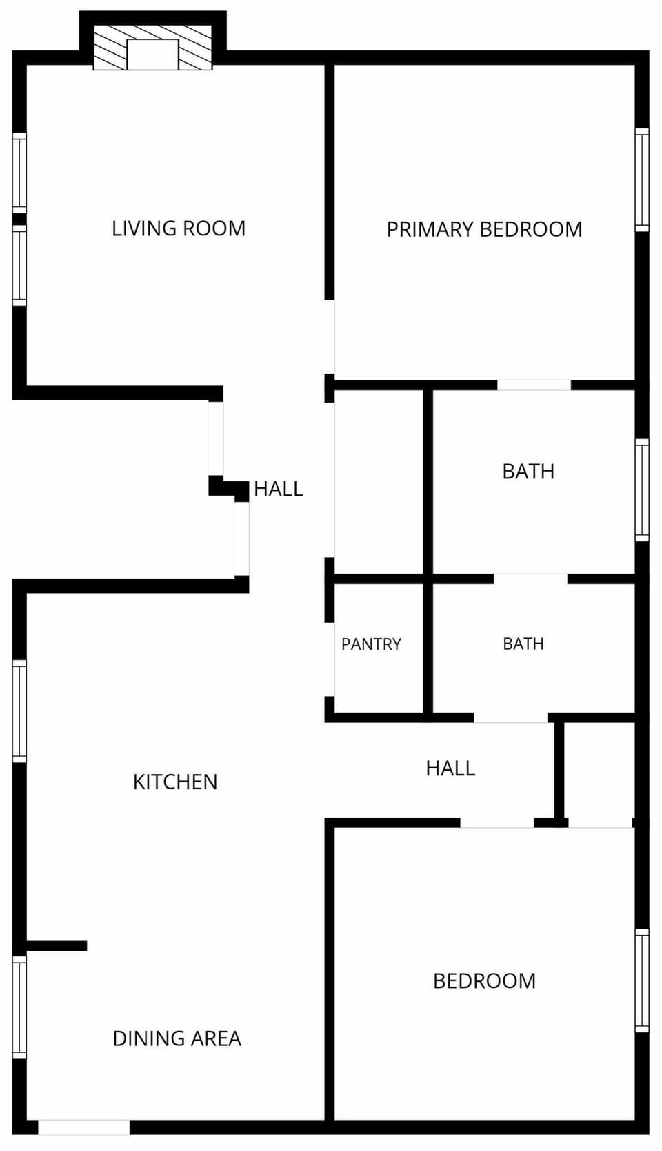 Functional 2-bedroom layout with 2 baths, dining area, and spacious living room