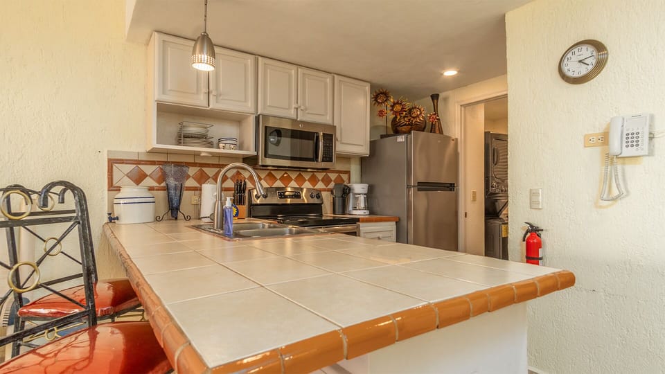 Counter top leading into the kitchen.
