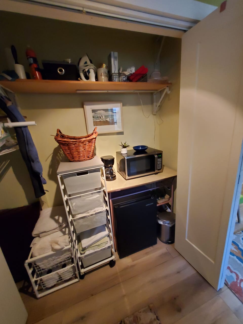 2nd floor microwave mini fridge utensils, Keurig coffee maker, dishes for 4. 