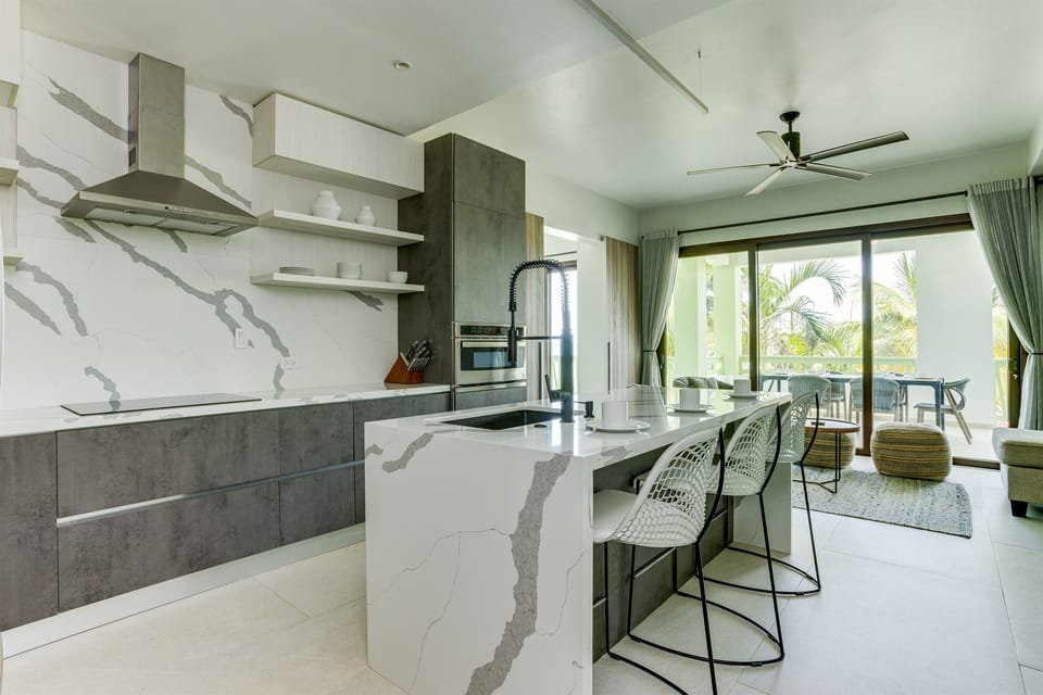 Kitchen, Living Room and Patio with Beach View