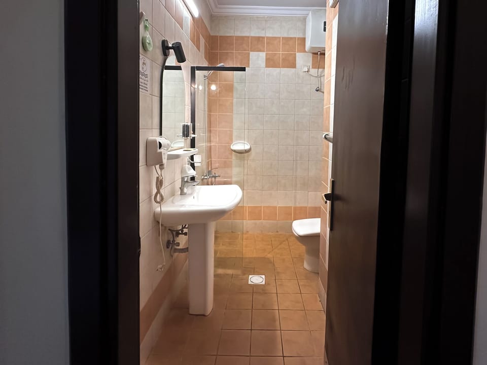 Shower, rainfall showerhead, hair dryer, slippers