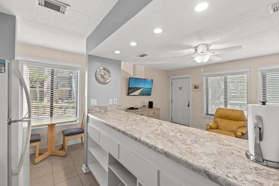 View from the open kitchen to the living room.