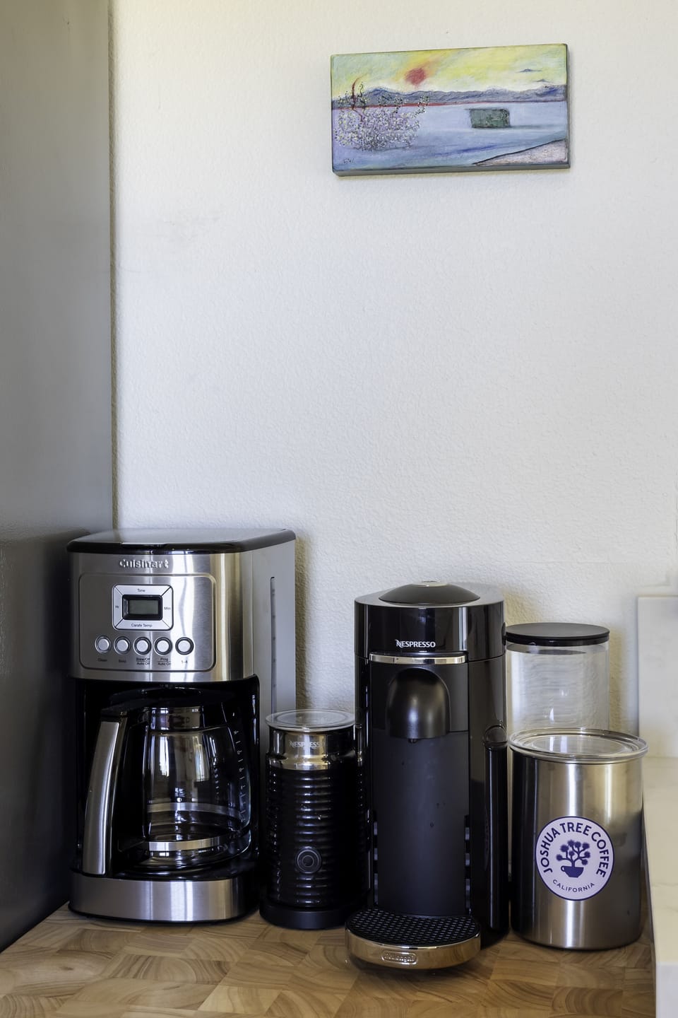 Coffee bar with Joshua Tree coffee and Nespresso machine. Tea kettle also available.