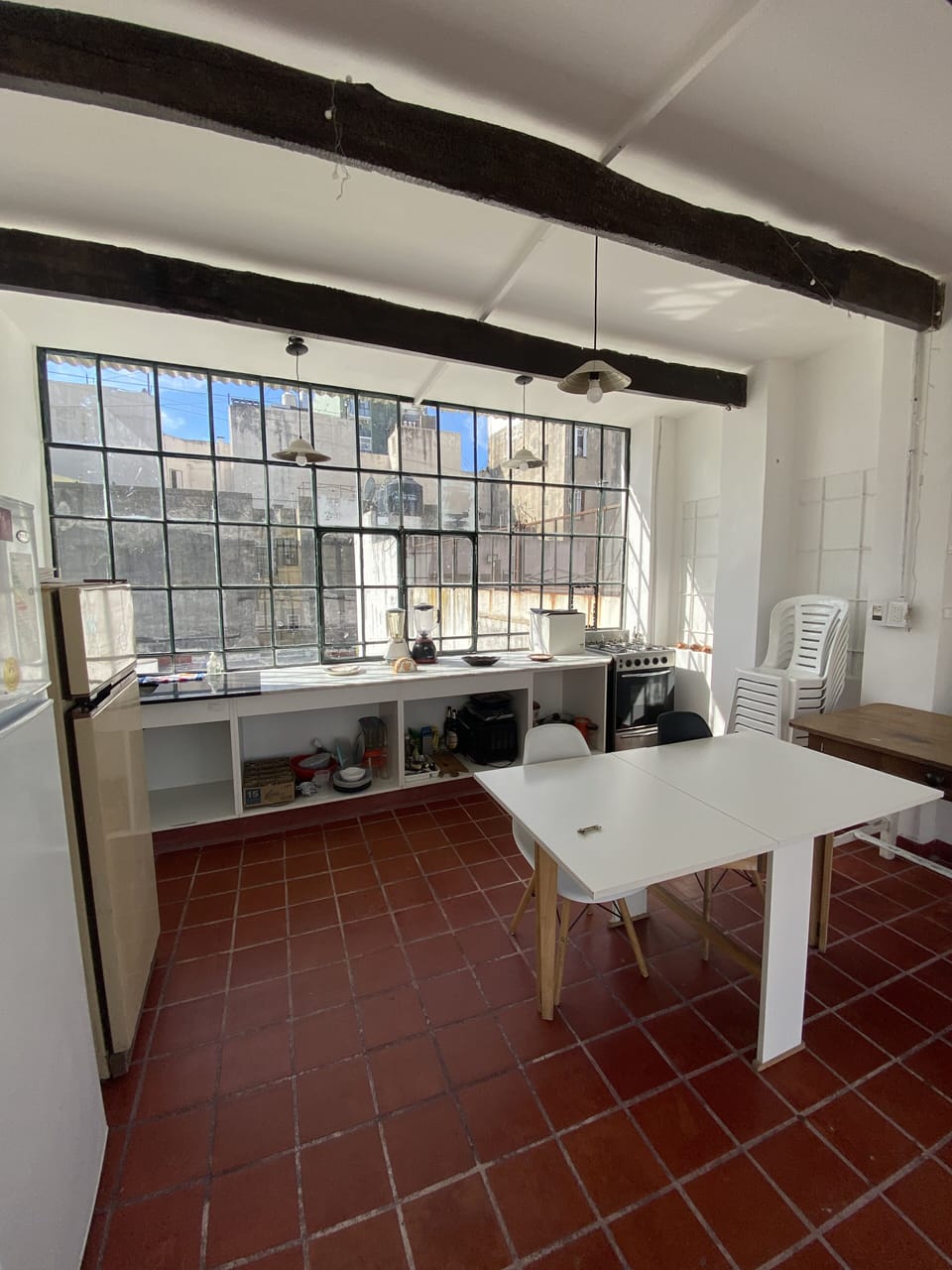 Full-size fridge, oven, toaster, toaster oven
