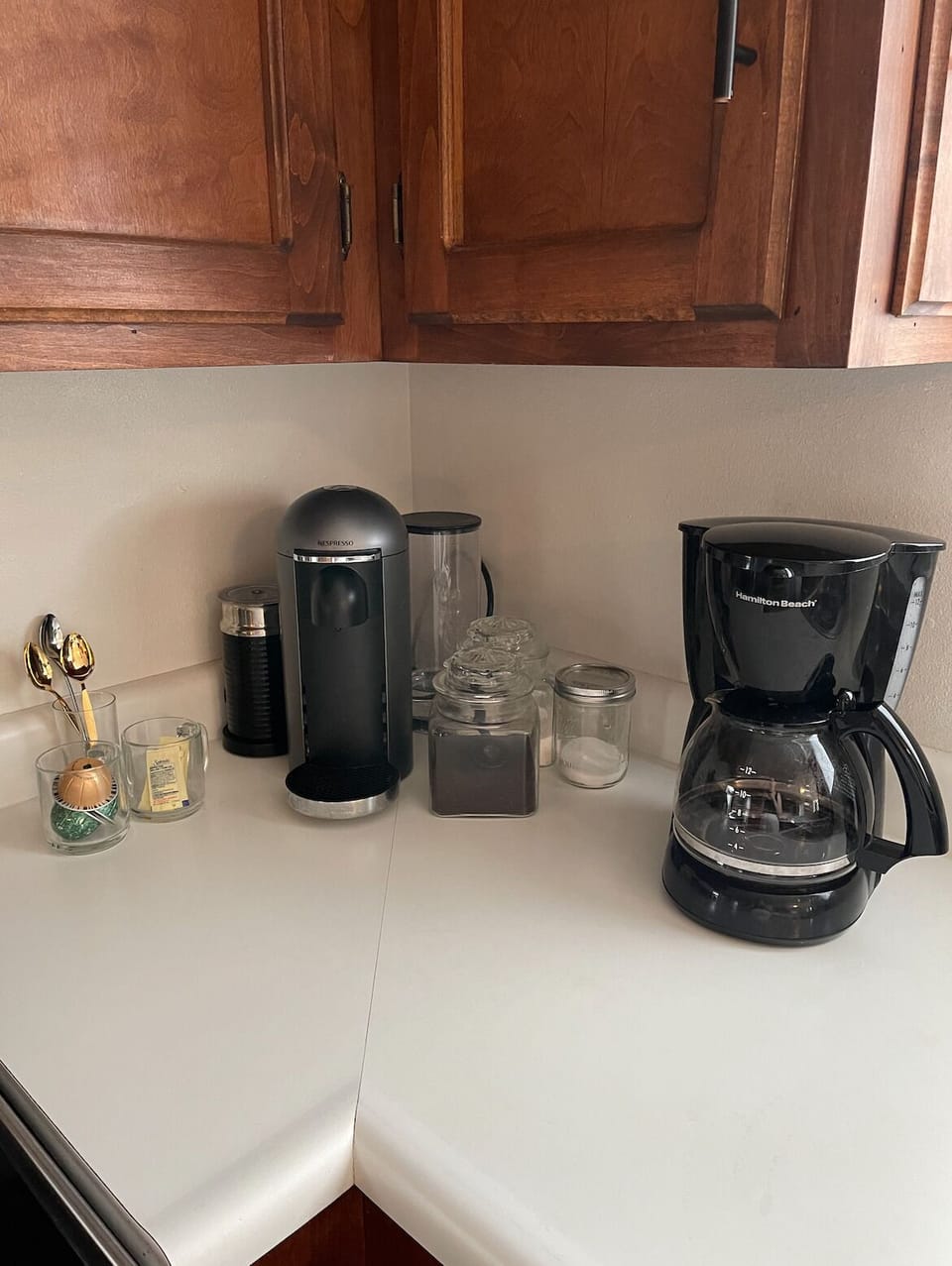 Nespresso machine, milk frother & regular coffee pot