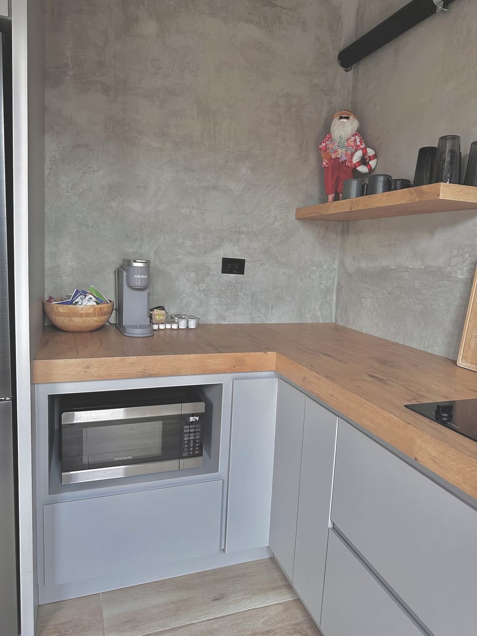 Microwave, sandwich press, toaster, blender & Keurig Coffee machine.