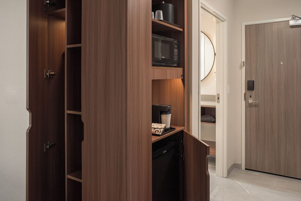 Minibar, desk, laptop workspace, soundproofing