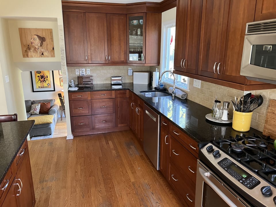 Well-equipped galley kitchen with gas stove, convection oven, and ice maker.