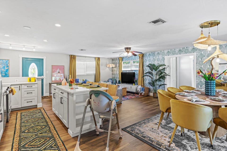 Open concept area view form the kitchen; high chair available