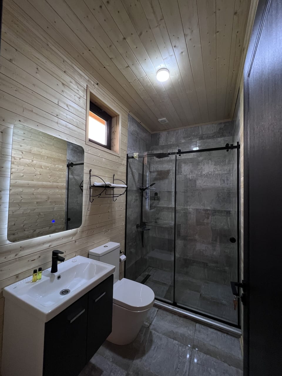 Shower, rainfall showerhead, free toiletries, hair dryer