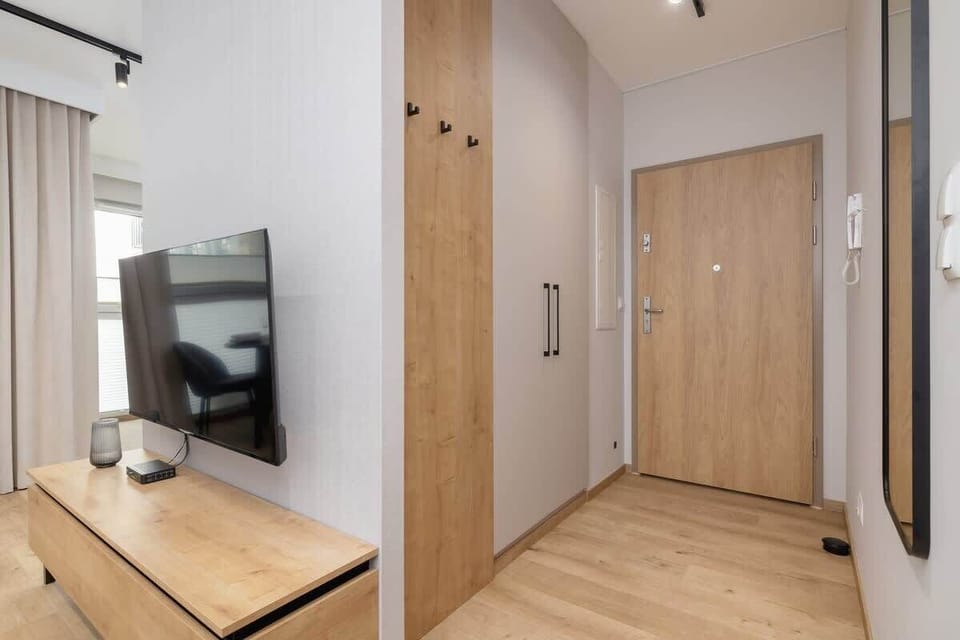 The apartment's corridor is equipped with a spacious wardrobe.
