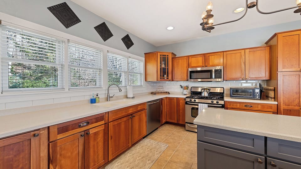 Ample counter space in the well equipped kitchen.