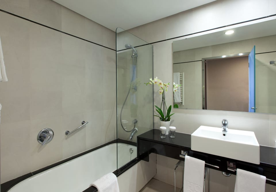 Bathtub, free toiletries, hair dryer, towels
