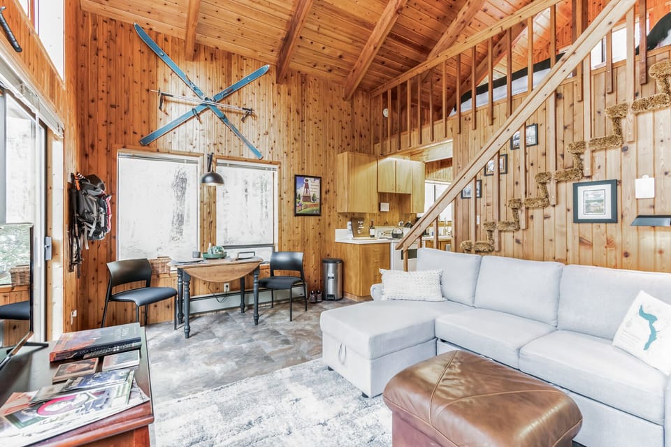 Open living and dining area with sleeper sofa.