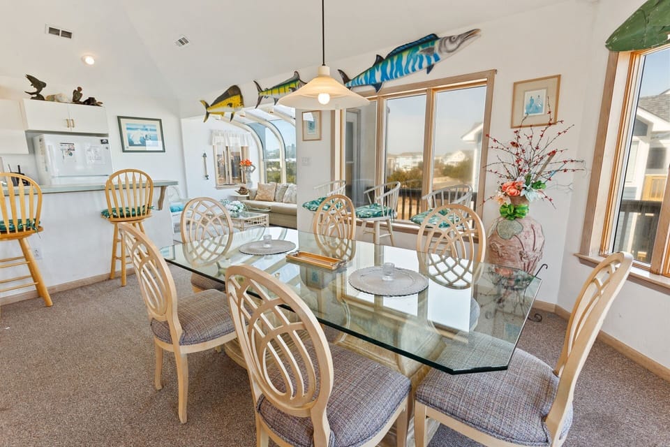 The dining area has stunning ocean views.
