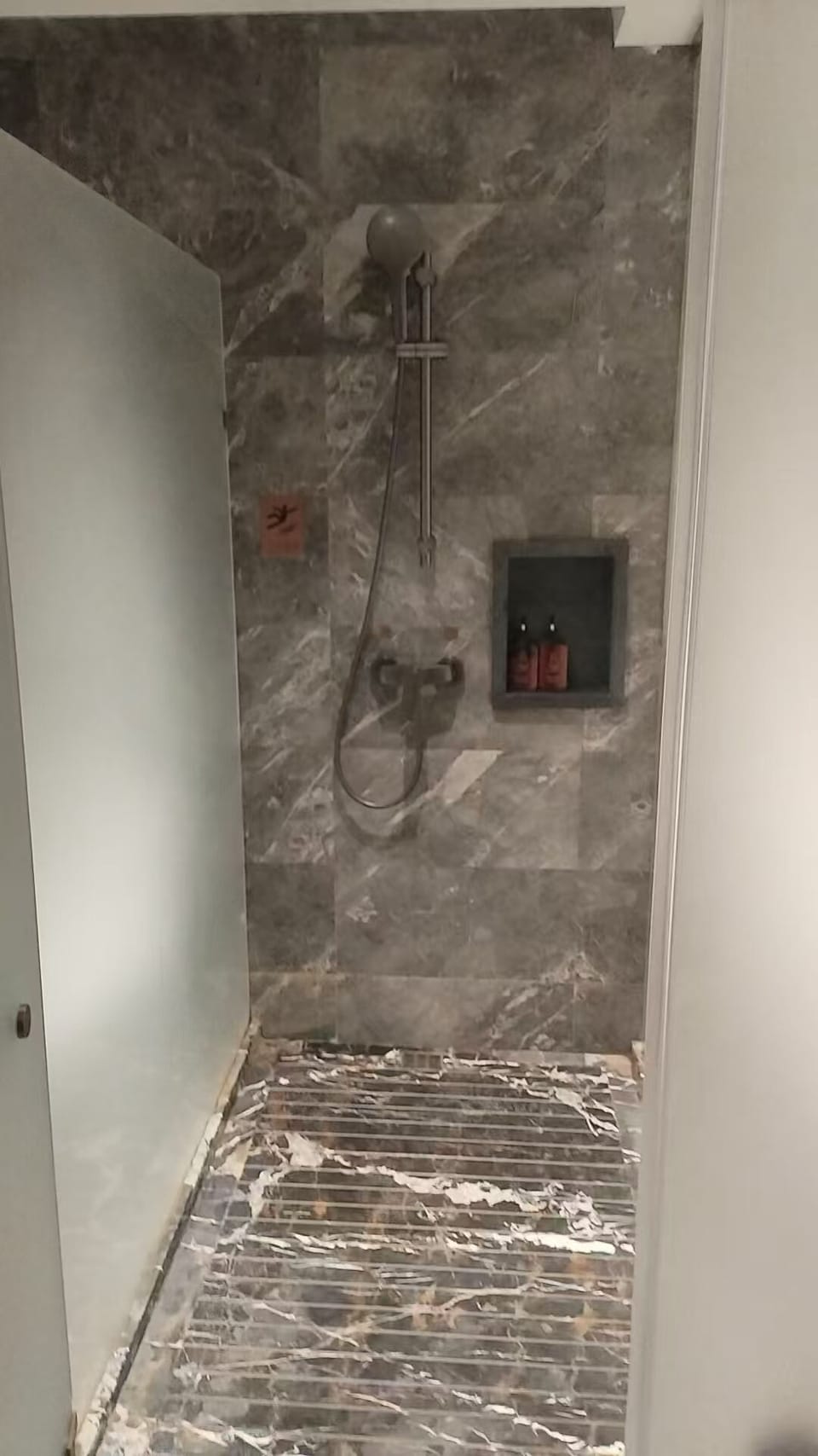 Shower, rainfall showerhead, hair dryer, slippers