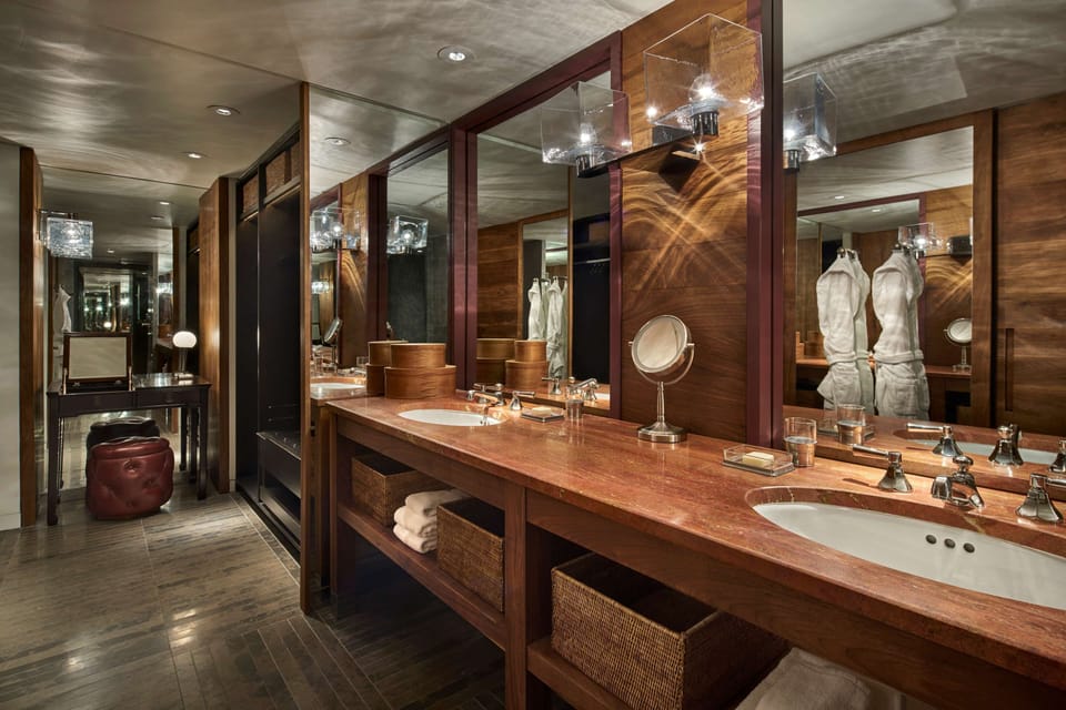 Designer toiletries, hair dryer, bathrobes, slippers