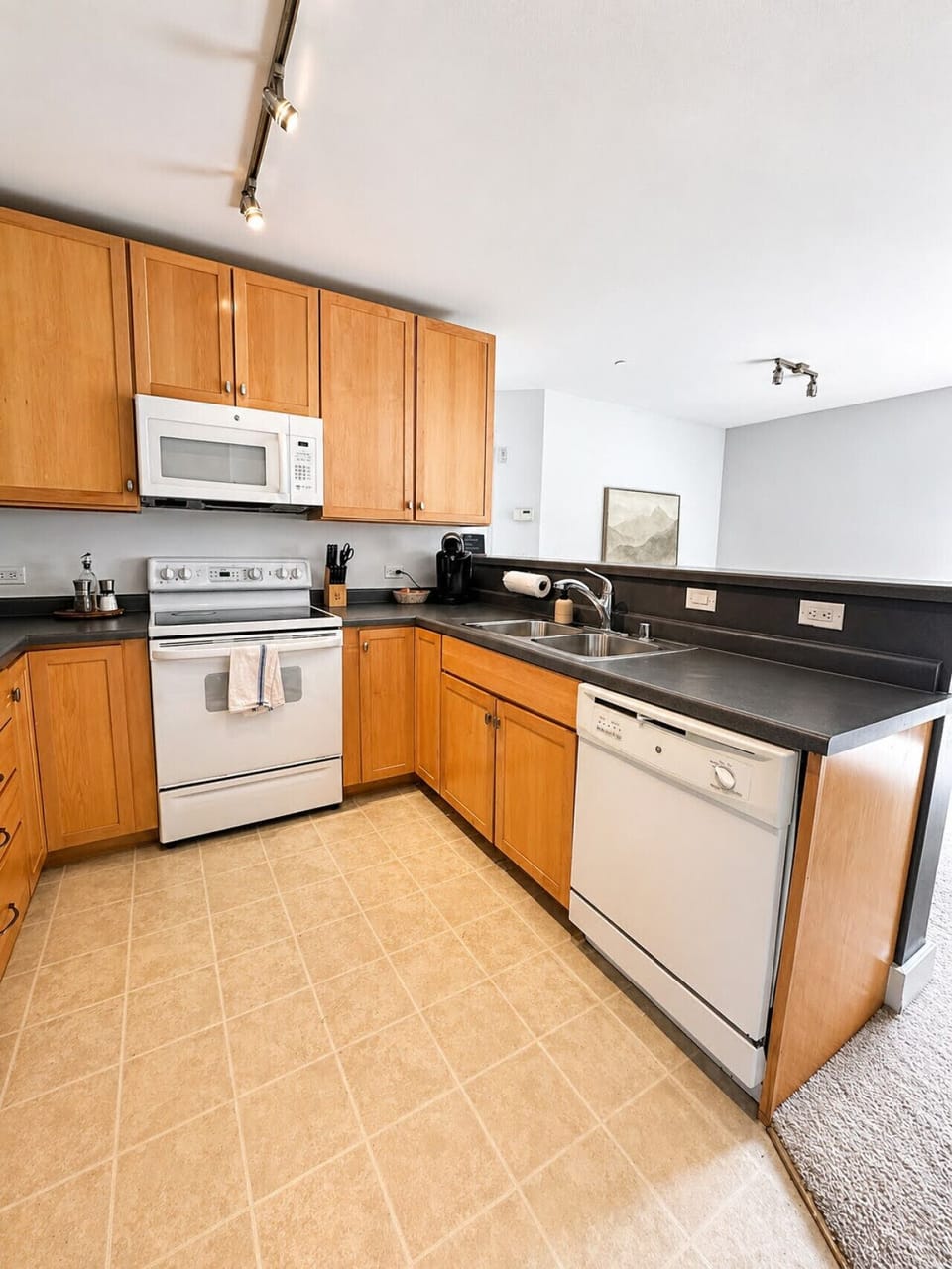 Fully-equipped kitchen featuring ample counter space and a raised breakfast bar for casual meals