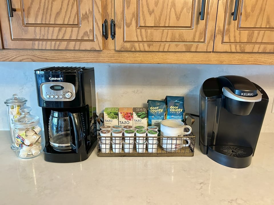 Coffee options include a pot of drip coffee or a single cup Keurig.  