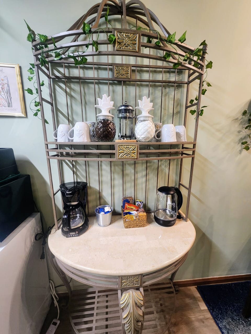 Cottage stocked with coffee, tea and snacks.