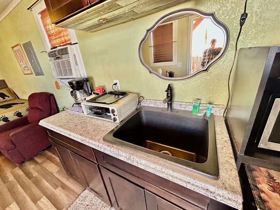 Cabin #12, Deluxe Studio Cabin, 2 Queen Beds, Kitchenette, Ground Floor | Private kitchen | Coffee/tea maker, mini-fridge, microwave, cleaning supplies
