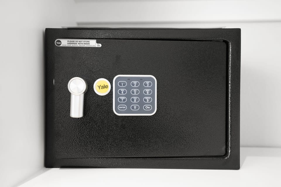 The primary bedroom has a safe for your valuables.