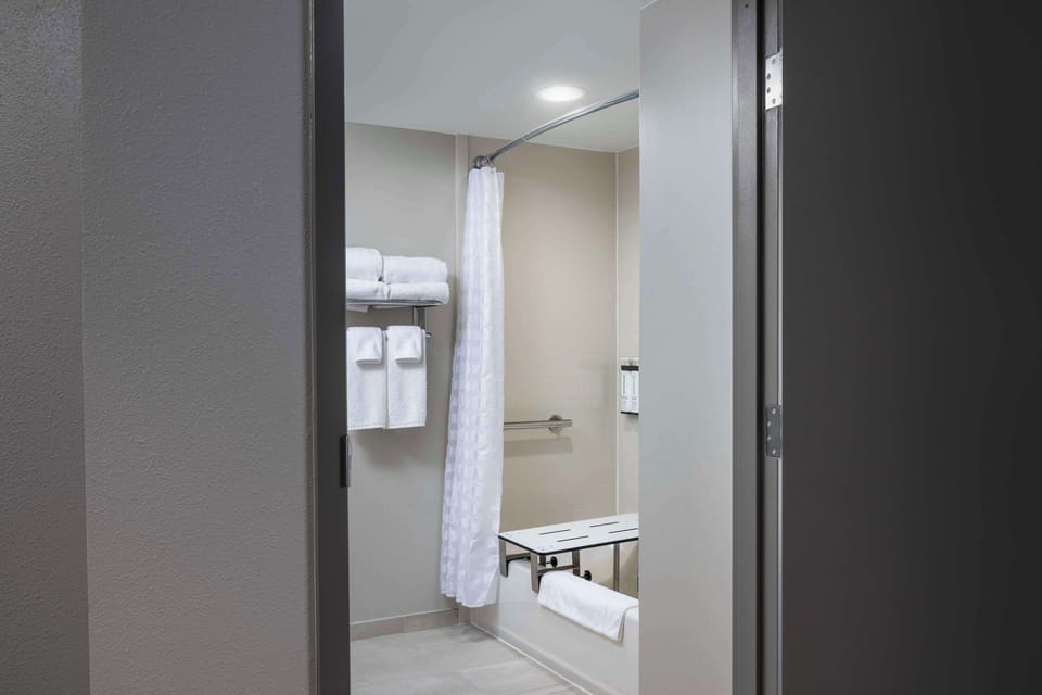 Designer toiletries, hair dryer, towels, toilet paper