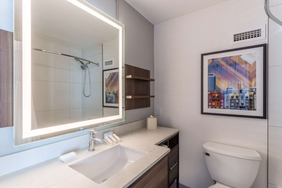 Designer toiletries, hair dryer, towels