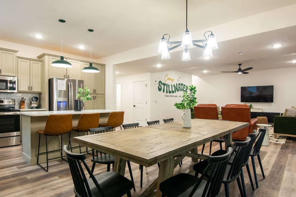 Overview of the dining area, kitchen, and living room