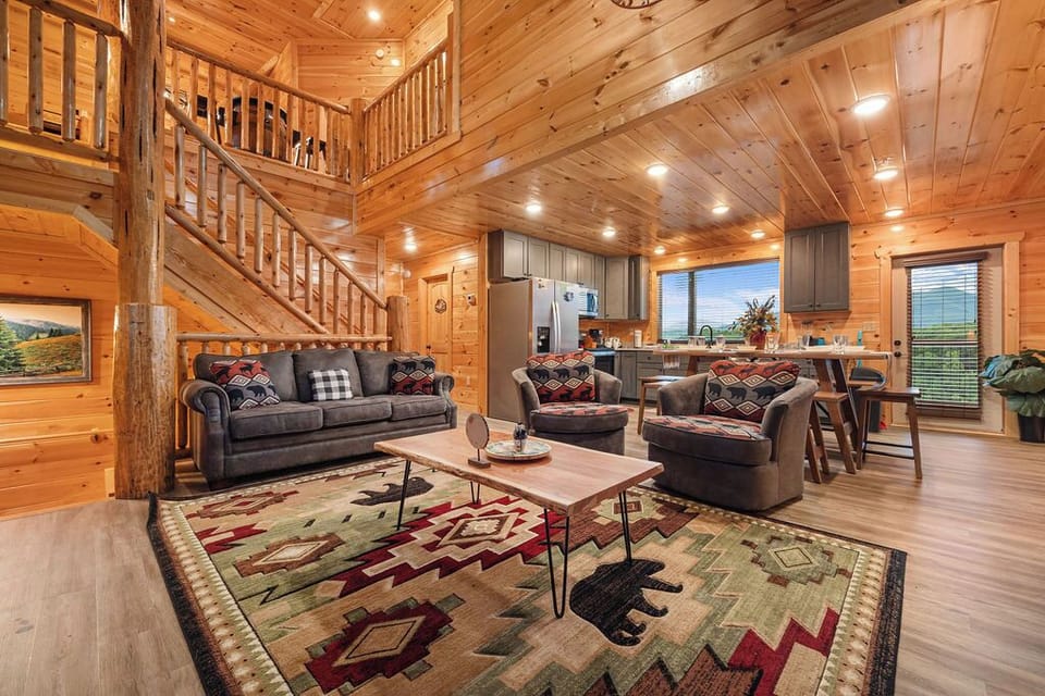 Open living space framed by panoramic mountain views