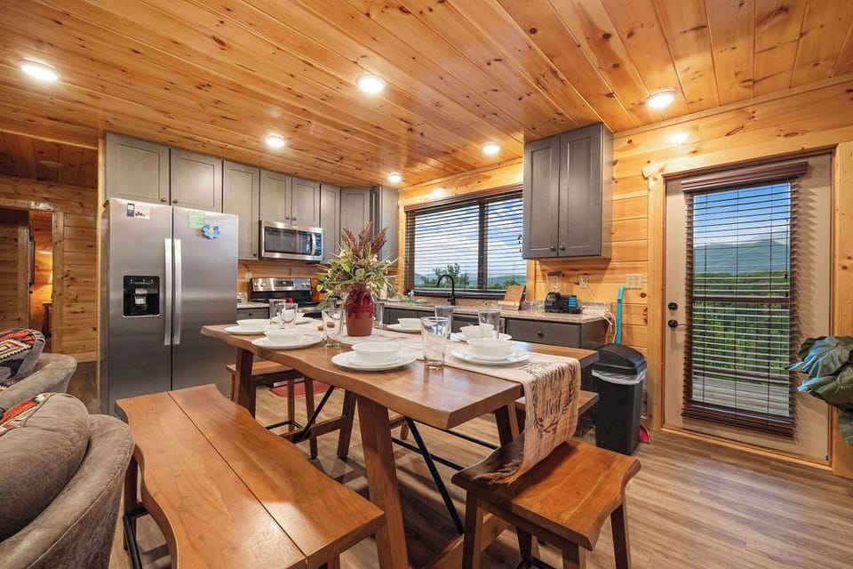 Kitchen and dining area for meals together