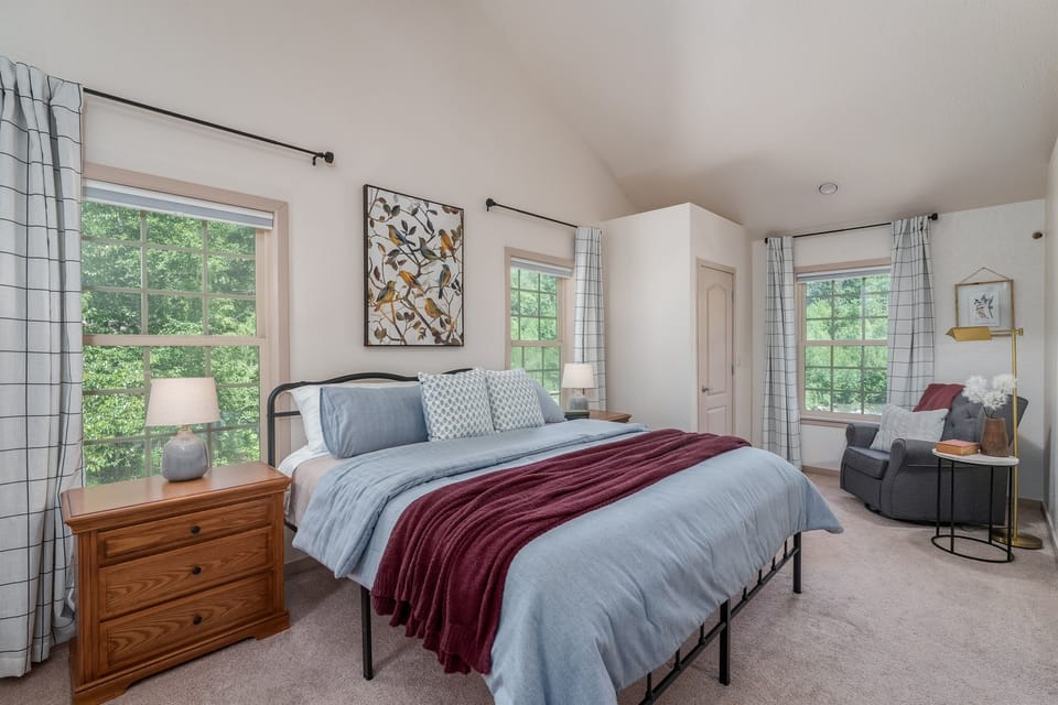 Fall asleep to the river through three of the four windows, then wake up to it.