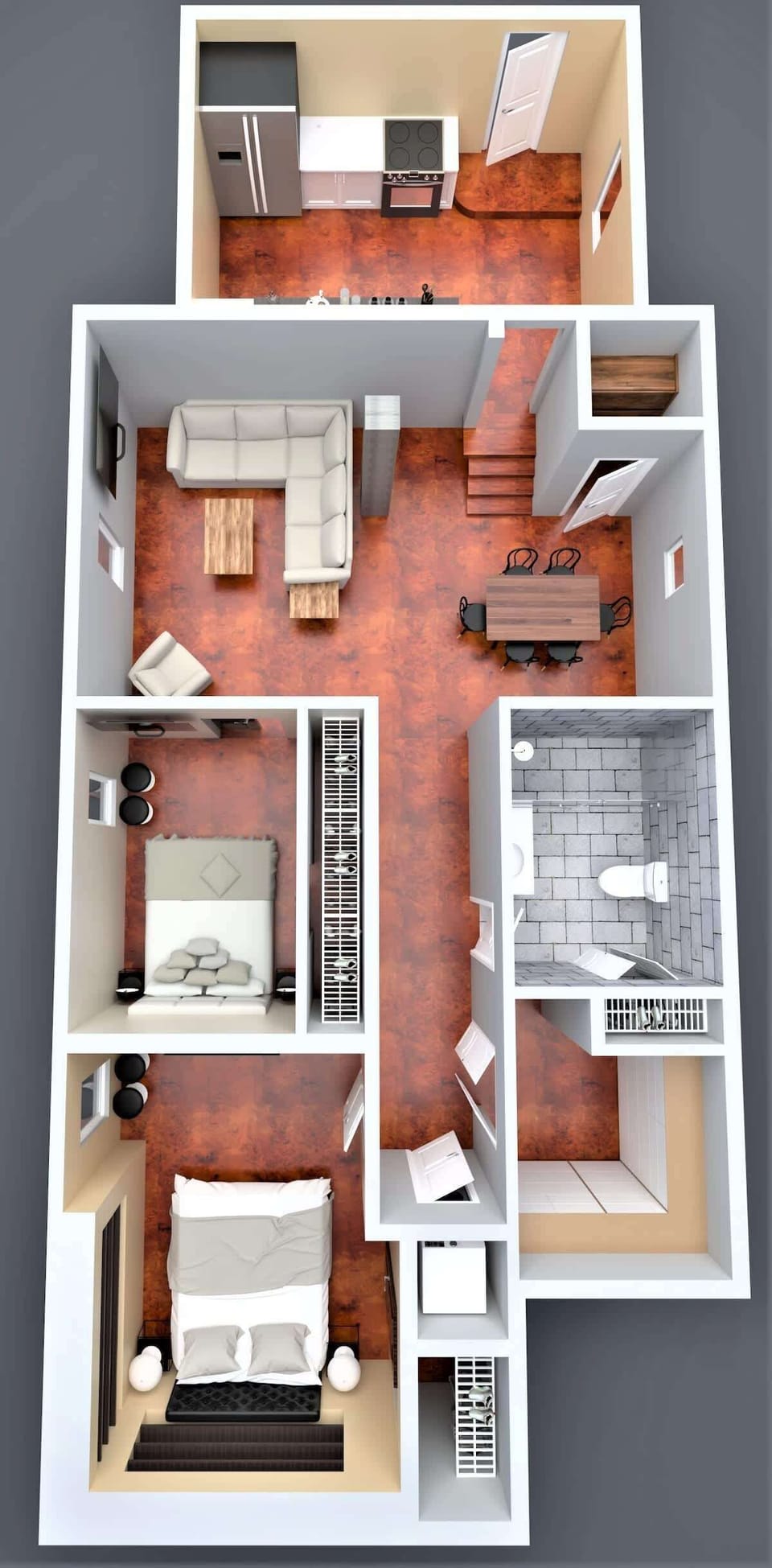 The top-down view reveals a well-organized apartment layout, including a living room, dining area, kitchen, bathroom, and bedroom. The design utilizes the space efficiently, offering a comfortable and practical living environment.