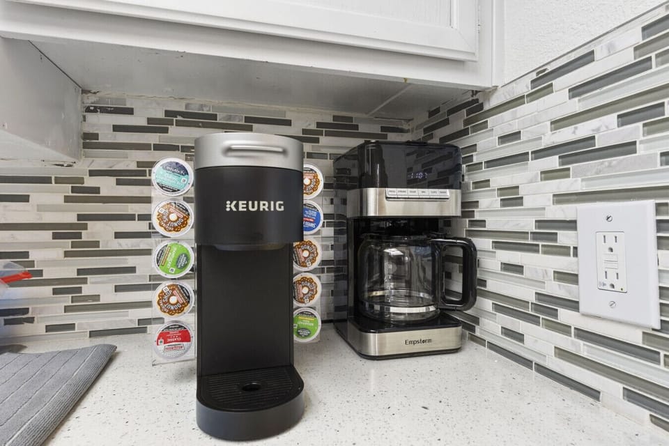 Start your mornings on a high note! Our fully stocked coffee station offers both a Keurig for a quick cup and a traditional drip maker for those slow, cozy brunch sessions.