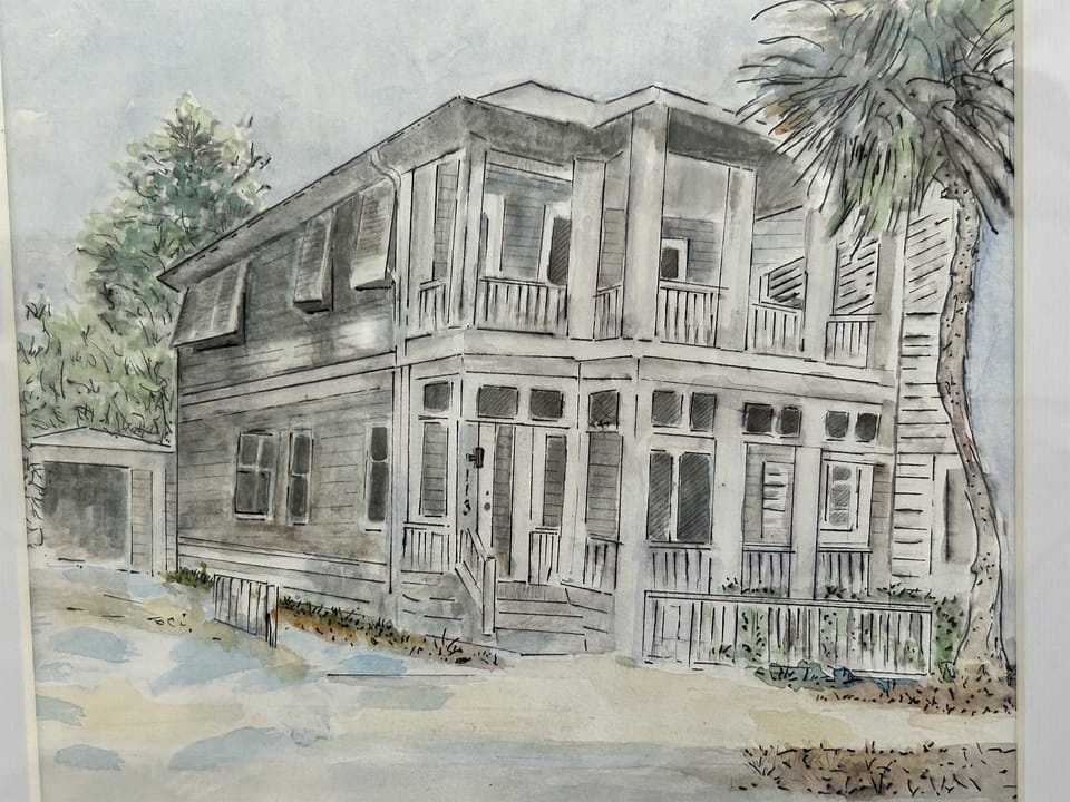 A charming watercolor illustration showcases this historic two-story wooden building surrounded by lush tropical landscaping and mature palm trees.